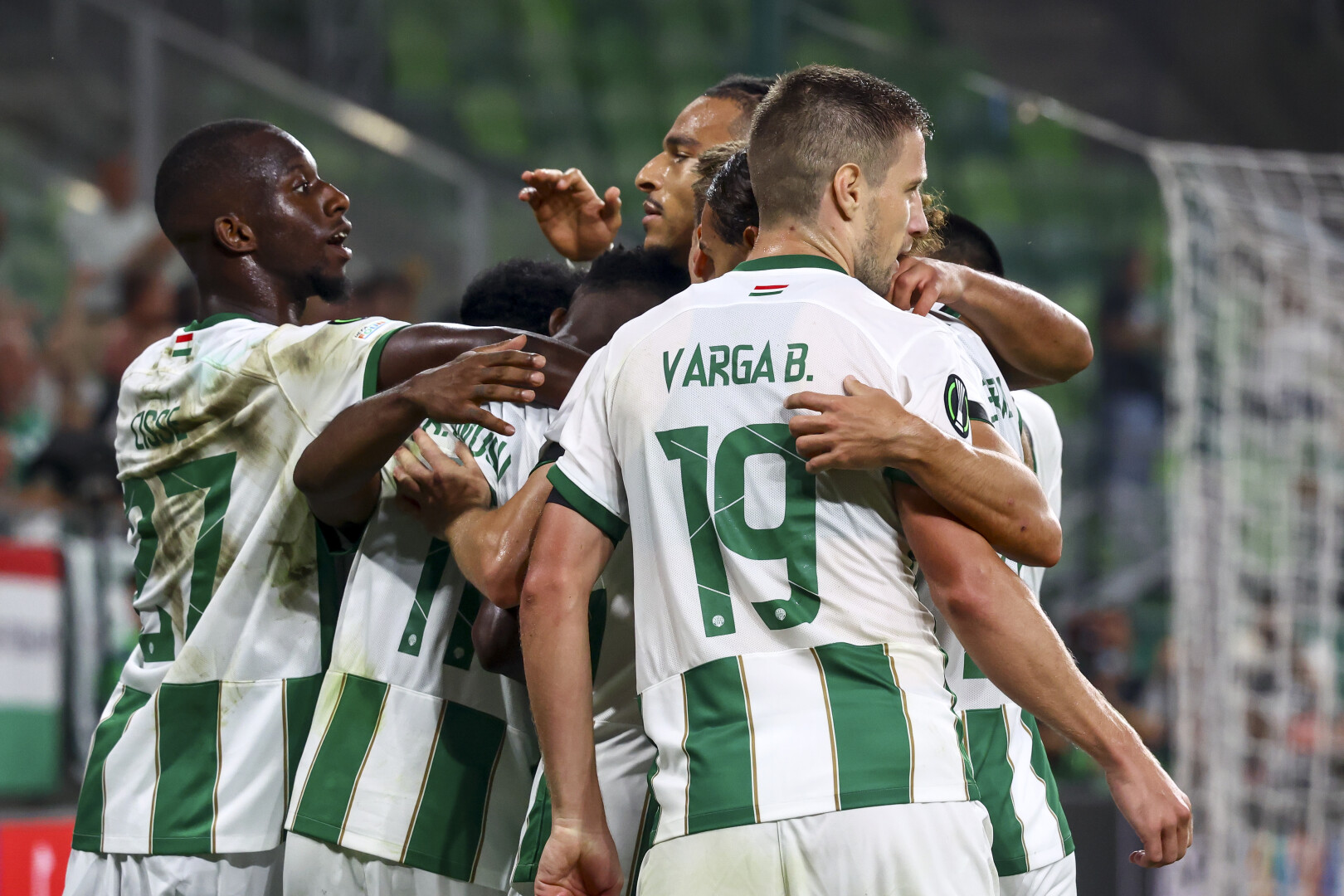 Krisztian Lisztes of Ferencvarosi TC celebrates with teammates after